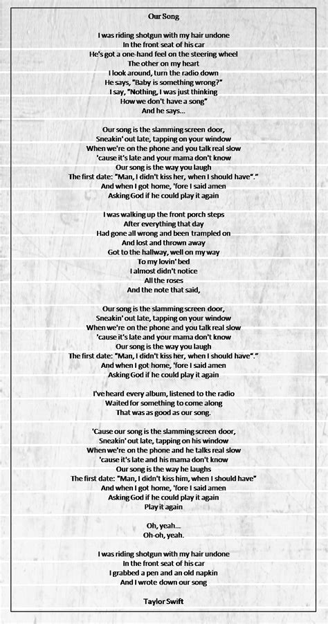 our song taylor swift lyrics pdf